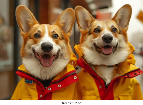 Two happy corgis wearing yellow and red jackets