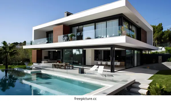 Modern Architecture House with Swimming Pool and Large Windows