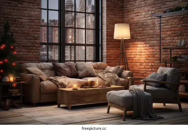 Cozy living room interior with brick wall, large windows and christmas tree
