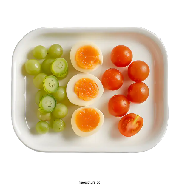 [Transparent Background PNG]Boiled eggs, grapes and cherry tomatoes on a white plate