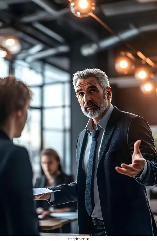 Serious Businessman Speaking to Colleague in Office