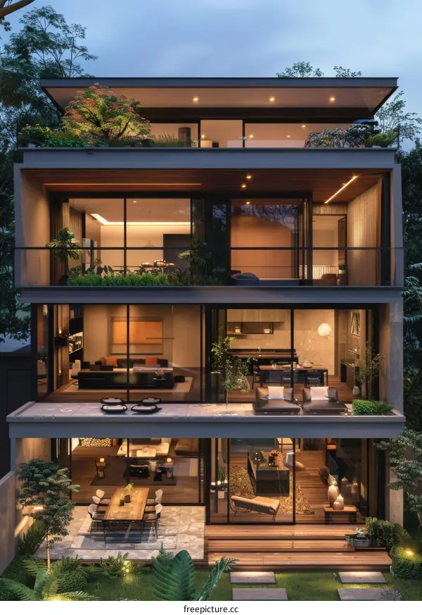 Modern multi-story home exterior at twilight