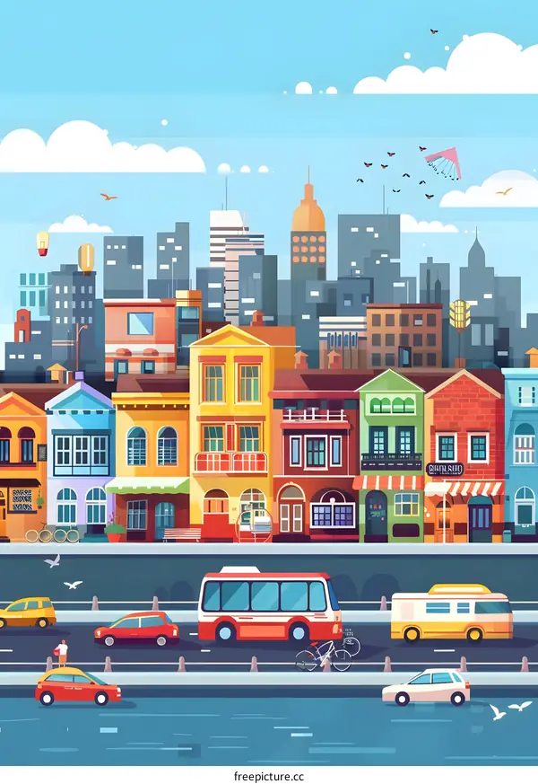 Colorful Cityscape With Buildings and Cars