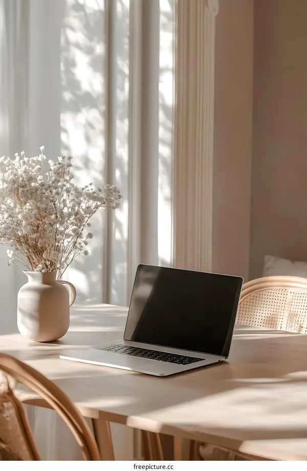 Laptop on Wooden Table with Flowers and Sunbeams