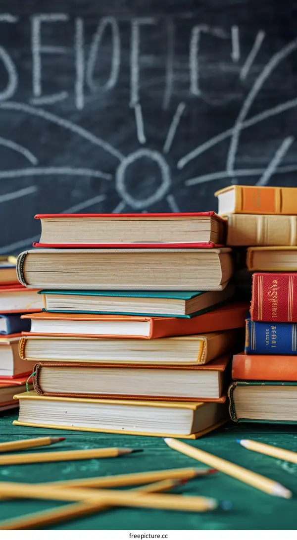 Books on a green table with a chalkboard in the background