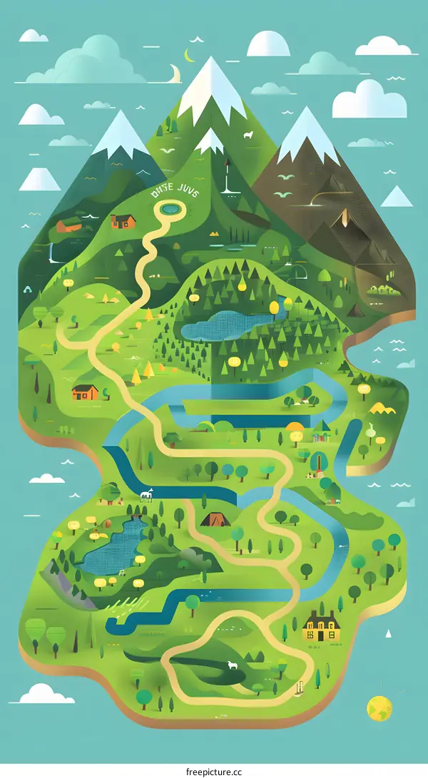 Green Mountain Landscape Illustration with Houses and Winding Road