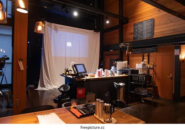 Interior Design of a Modern Cafe with Wooden Walls and a Projection Screen