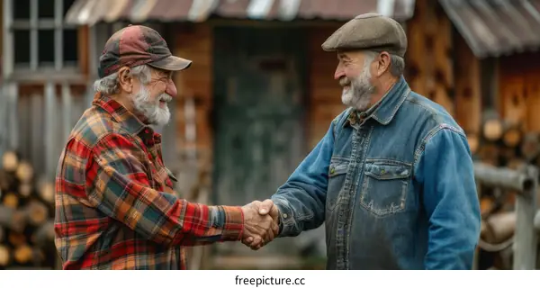Two old men shaking hands in front of a wooden house