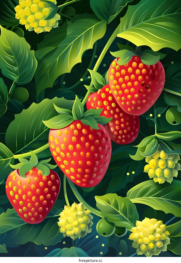 Closeup of Red Strawberries in a Green Foliage