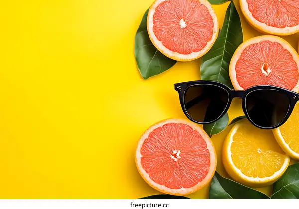 Summer Background with Sunglasses, Citrus Fruit and Green Leaves
