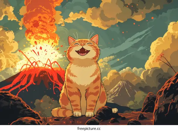 Cat in front of a volcano