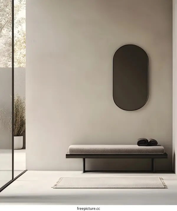 Minimalist Interior Design with Oval Mirror and Bench