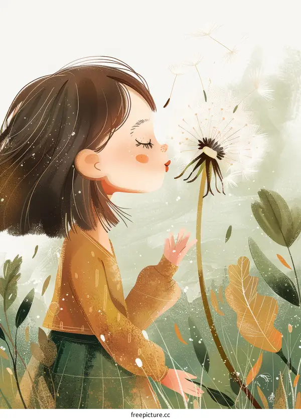 Little girl blowing dandelion flower