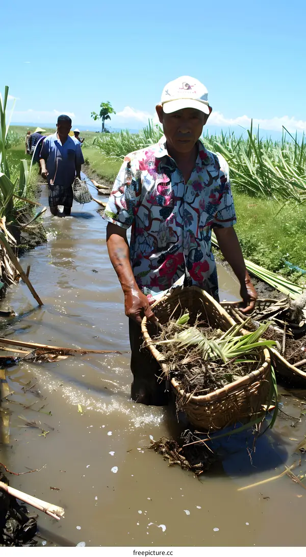 Man Carrying a Basket of Plants in a Waterway