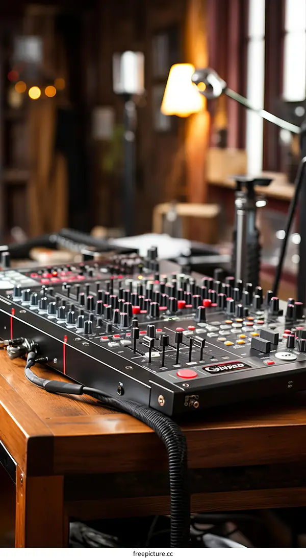 Black audio mixer on a wooden table in a recording studio