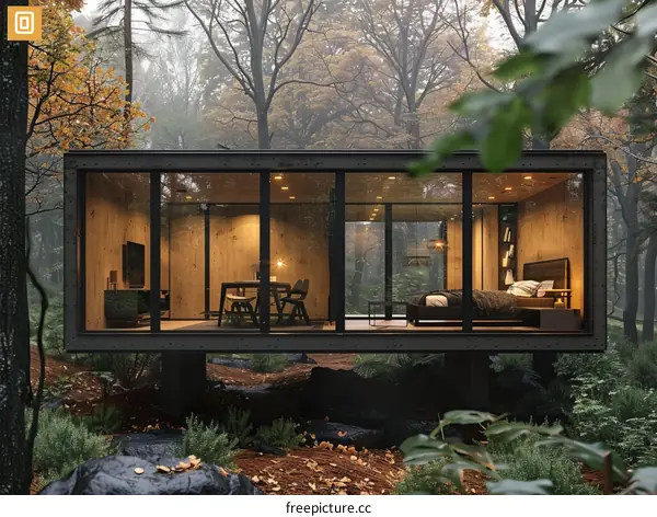 Modern Glass Cabin in the Woods with Bedroom and Living Area