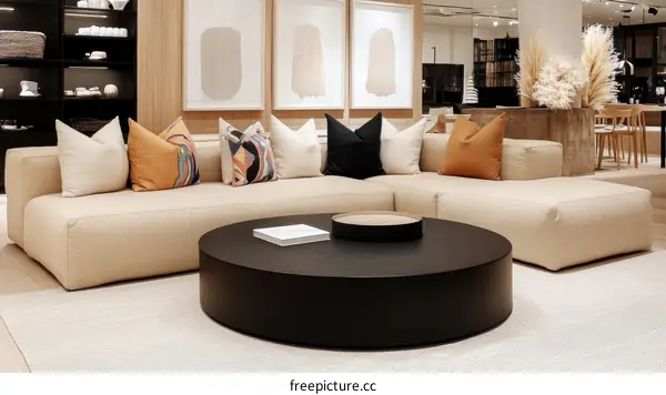 Modern Beige Sectional Sofa with Black Coffee Table