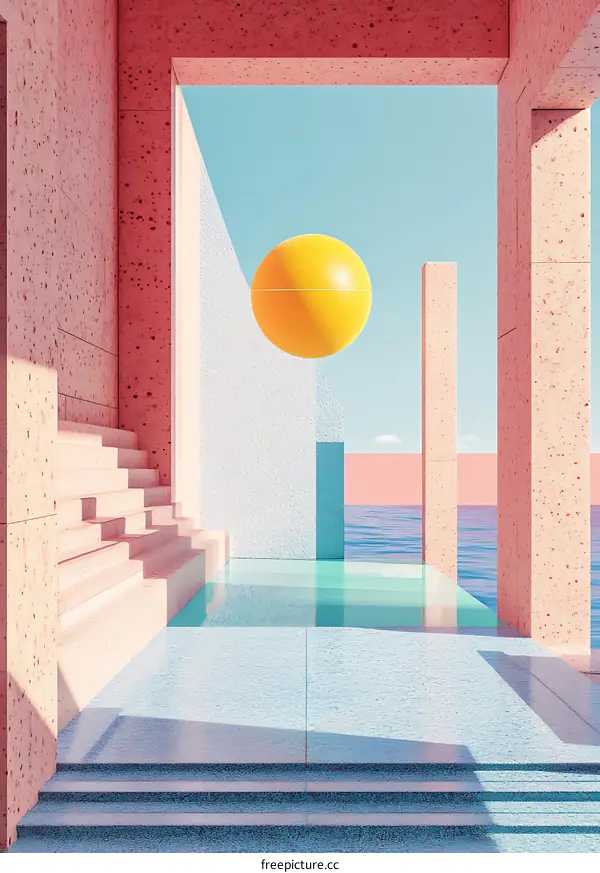 Minimalist Geometric Abstract Architecture with Pool and Sphere