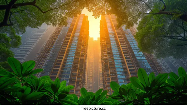 The sun shines through the gap between two tall buildings