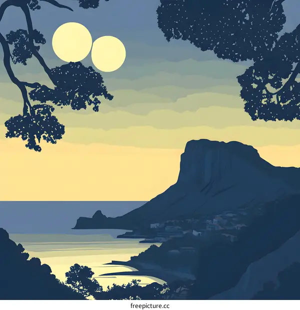 Coastal Landscape with Two Moons and Silhouette Mountains