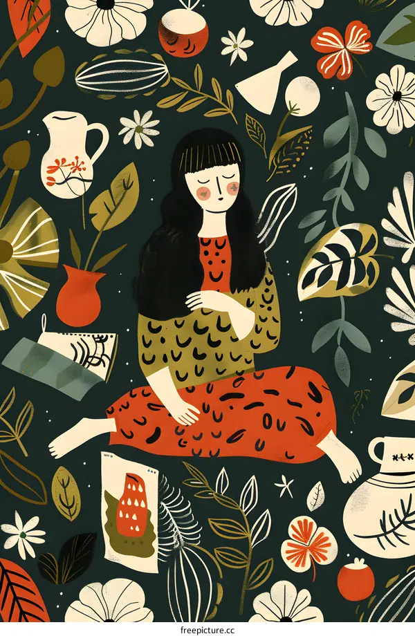 Woman Sitting in a Garden of Flowers and Plants