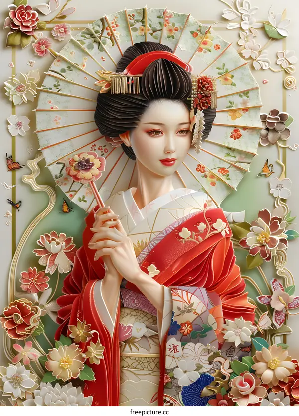 A Japanese woman wearing a kimono and holding an umbrella