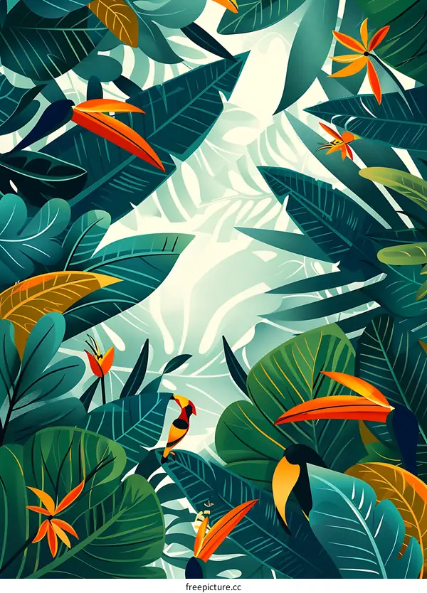 Tropical Rainforest Illustration With Birds