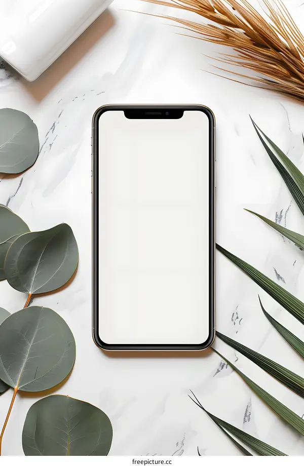 Blank White Smartphone Screen with Green Leaves and Marble Background