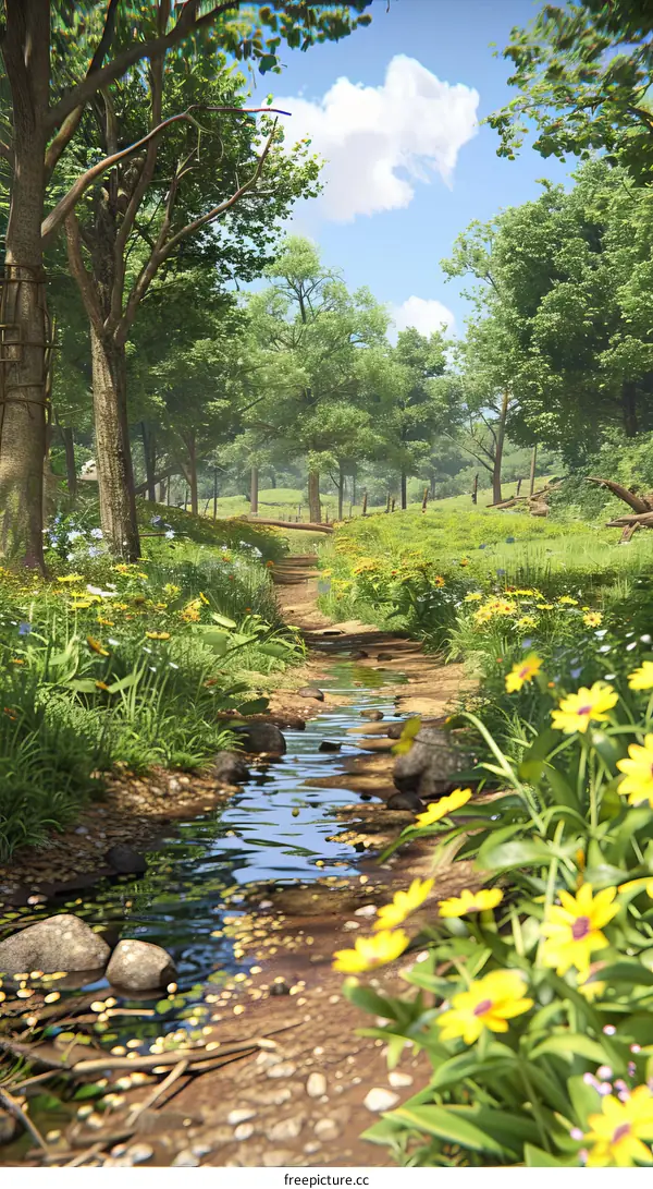 Small river flowing through a clearing in the forest