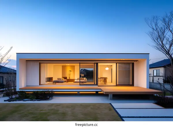 Modern Minimalist Japanese House with Large Windows and Wooden Deck