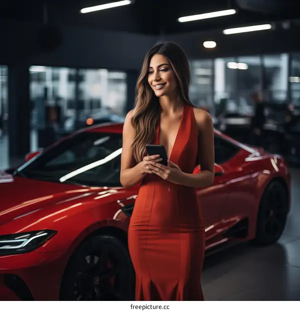 Elegant woman in red dress standing next to a red sports car, smiling and holding a phone