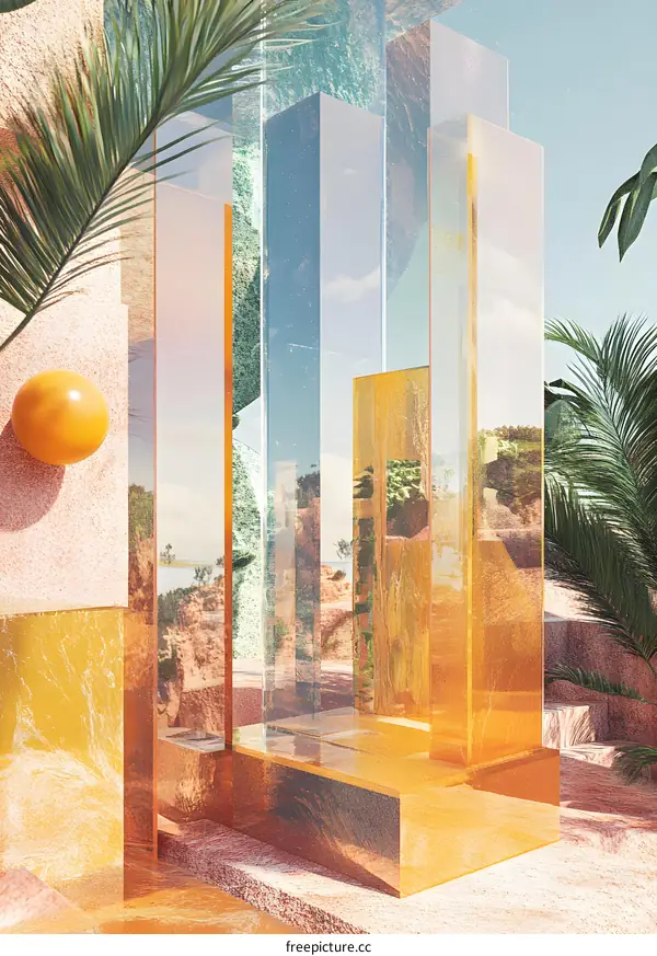 Abstract Geometric Shapes with Palm Trees and Sky Reflection