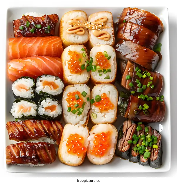 Assortment of Sushi Rolls with Salmon, Unagi, and Ikura