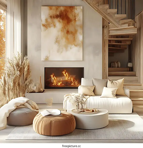 Cozy Living Room Interior Design with Fireplace and Abstract Art