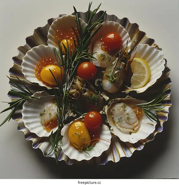 A plate of seafood including shrimp, scallops, and oysters with lemon and tomato garnish