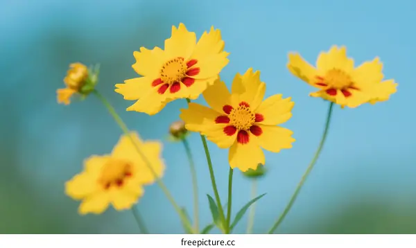 Beautiful Yellow Flowers with Red Centers in Bright Blue Sky
