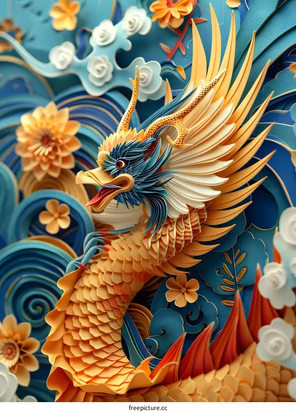 A 3D illustration of a golden dragon with blue and white accents on a blue background with orange and white flowers and clouds