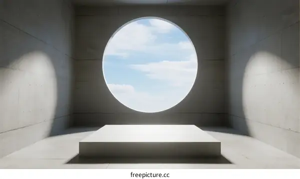 A Minimalist Concrete Room with Circular Sky Window and Platform