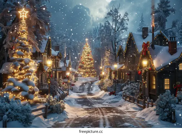 Christmas Village with Decorated Houses and Snow Covered Trees