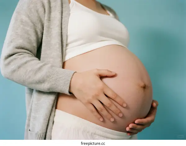 Pregnant Woman Holding Stomach Against Blue Background