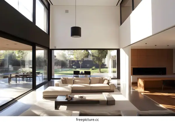 Modern Living Room with Large Windows and View of Backyard