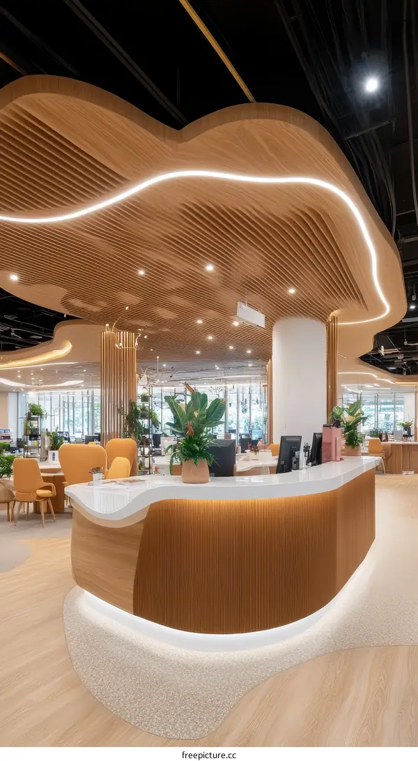 Modern Reception Desk Design with Wood Accents
