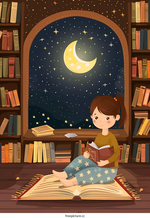 Girl Reading Book With a Night Sky View
