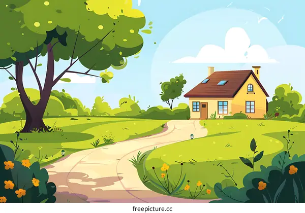 Cartoon Landscape With Green Grass And A Yellow House