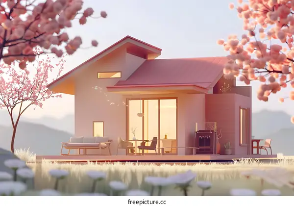 Minimalist Pink House With Cherry Blossom Trees