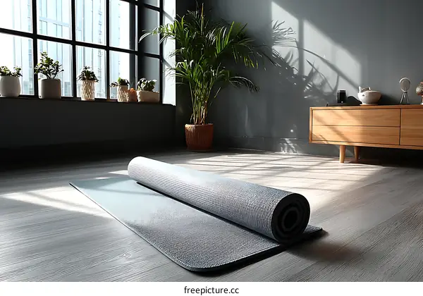 Yoga Mat Rolled Up in a Modern Interior