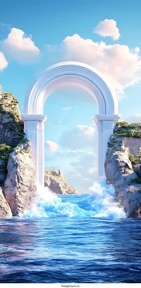 White Archway in the Sea With Rocks and Clouds
