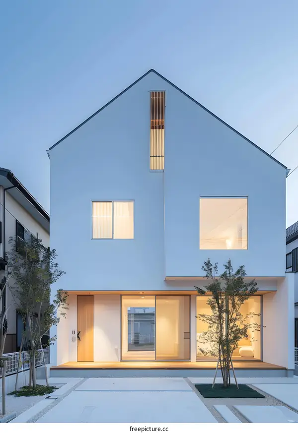 Modern White House with Large Windows and Wooden Door