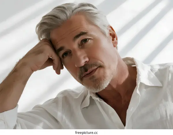 Portrait of mature man with grey hair in white shirt