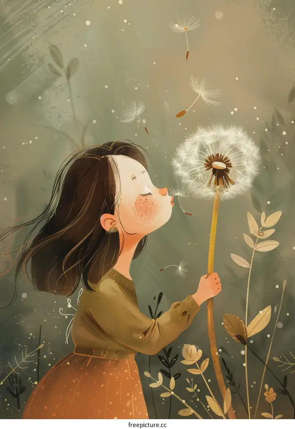 girl blowing dandelion illustration